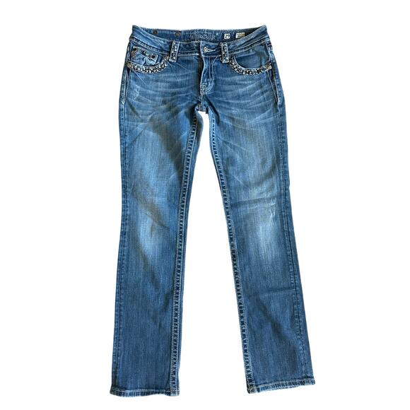 Women’s Y2K Miss Me Low Rise Straight Leg Medium Wash Bling Jeans Size 29 - Picture 1 of 6